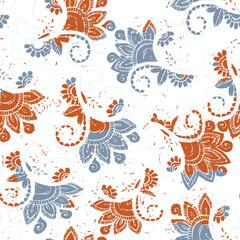 Vector seamless paisley print with flowers and grunge texture. Traditional Indian pattern style. folk pattern, ethnic folklore flowers, watercolor