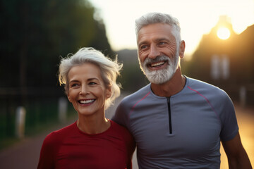 Optimistic mature married couple smile walking in park in sunlight. Healthy lifestyle. Generative AI