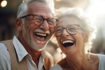 Happy elderly couple in glasses laugh at joke, having fun. Eyewear store advertising. Generative AI - obrazy, fototapety, plakaty