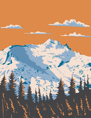 WPA poster art of Mount Daniel during winter in the Enchantments within Alpine Lakes Wilderness of the Cascade Mountain Range in Washington State USA done in works project administration.  © Redwater Vectors
