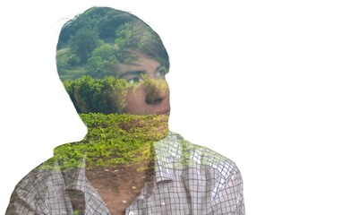 Transparent silhouette of happy young man and nature