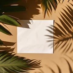 Creative nature layout made of tropical leaves and shadows with paper card note. Copy Space. Summer concept. Generative AI