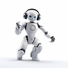 humanoid robot with headphones is dancing on white background