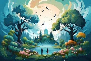 The illustration depicts a serene woodland landscape capturing the beauty and tranquility of nature with people. Generative Ai.