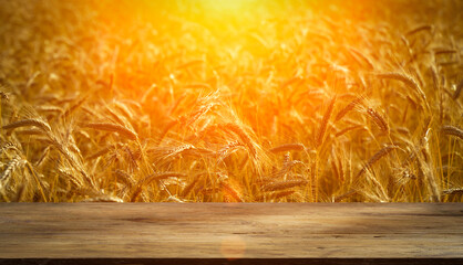 Table wheat field background. Wooden table for product on gold wheat harvest agricultural backdrop....