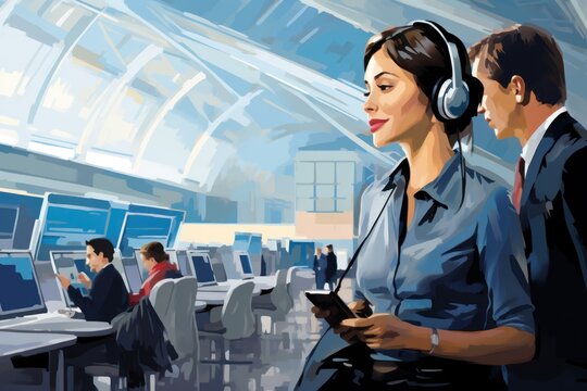 The illustration depicts a female airport worker in her uniform, efficiently managing tasks and assisting passengers with a warm and helpful demeanor. Generative Ai.