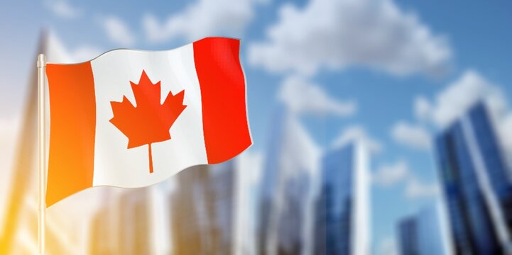 Small Canada flags on blurry background.