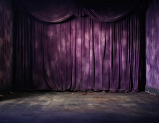 old abandoned stage with purple curtains.