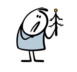 Sad stickman looking at a withered Christmas tree. Vector illustration of the end of the winter holiday.