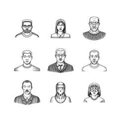 Human Avatars Collection. Diverse faces of people. Characters set. Happy emotions. Portrait for social media, website. Men and women, grandparents and girls. Hand drawn doodle sketch.