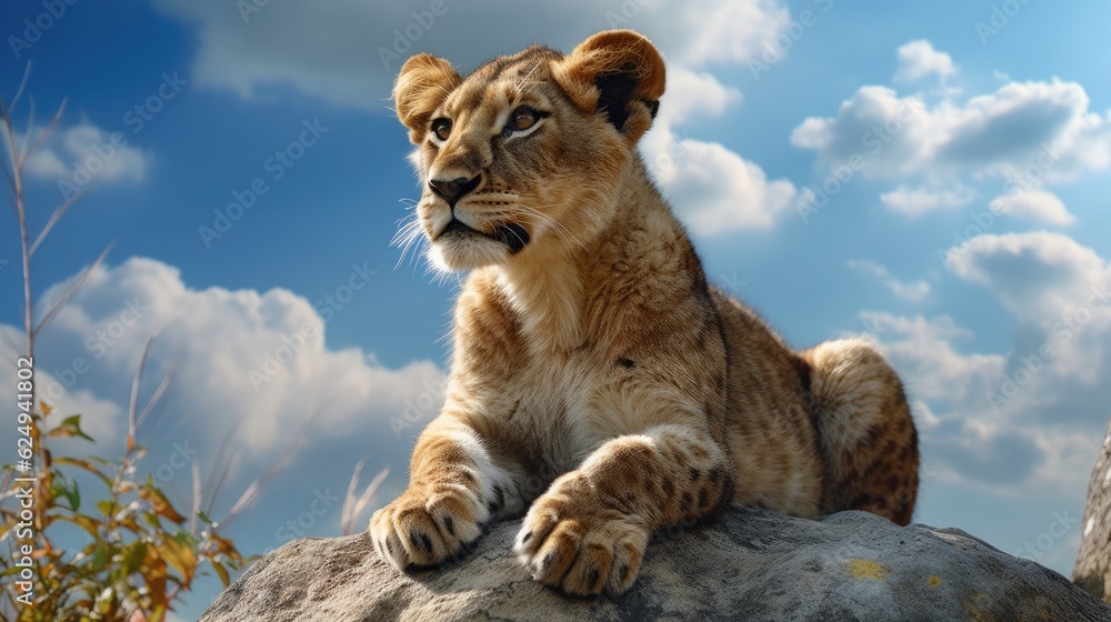 Wall mural lion cub sitting on top of a rock in a field of grass. created with generative ai.