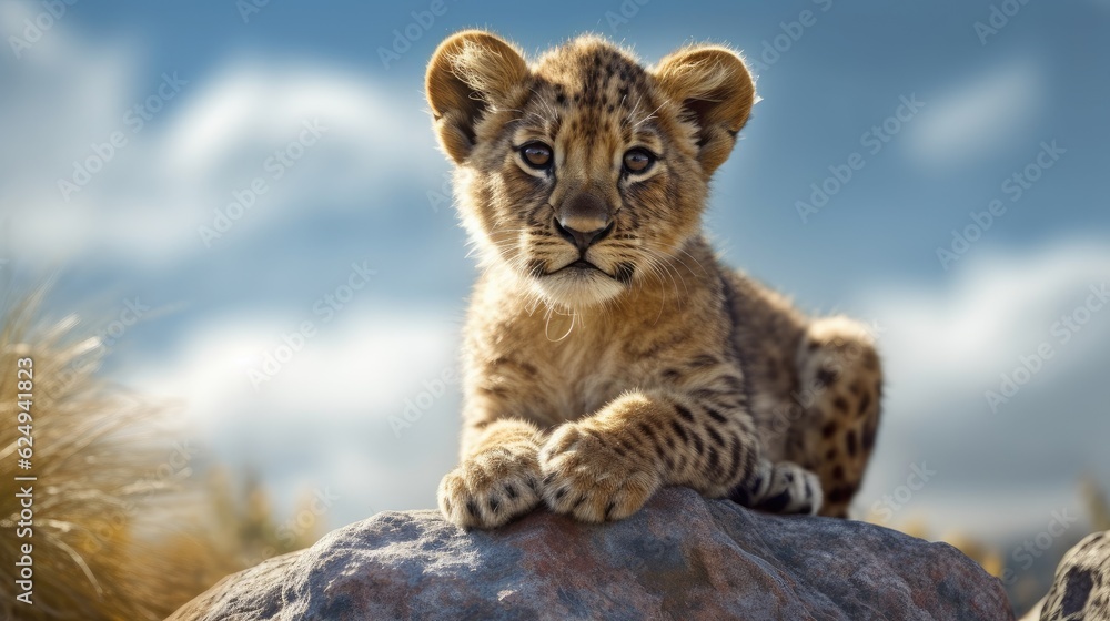 Wall mural lion cub sitting on top of a rock in a field of grass. created with generative ai.