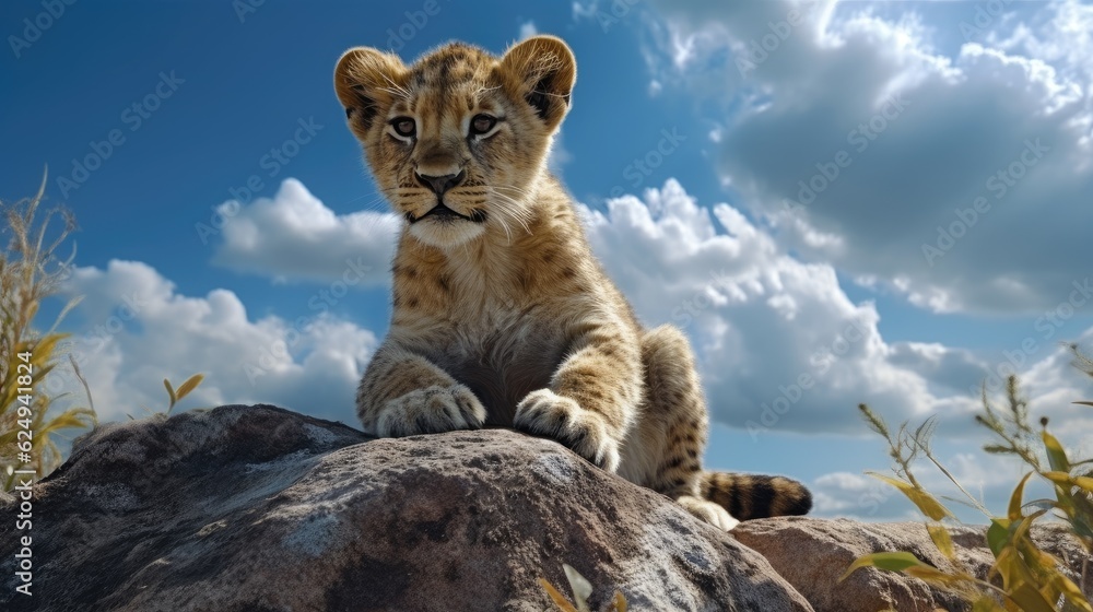 Wall mural lion cub sitting on top of a rock in a field of grass. created with generative ai.