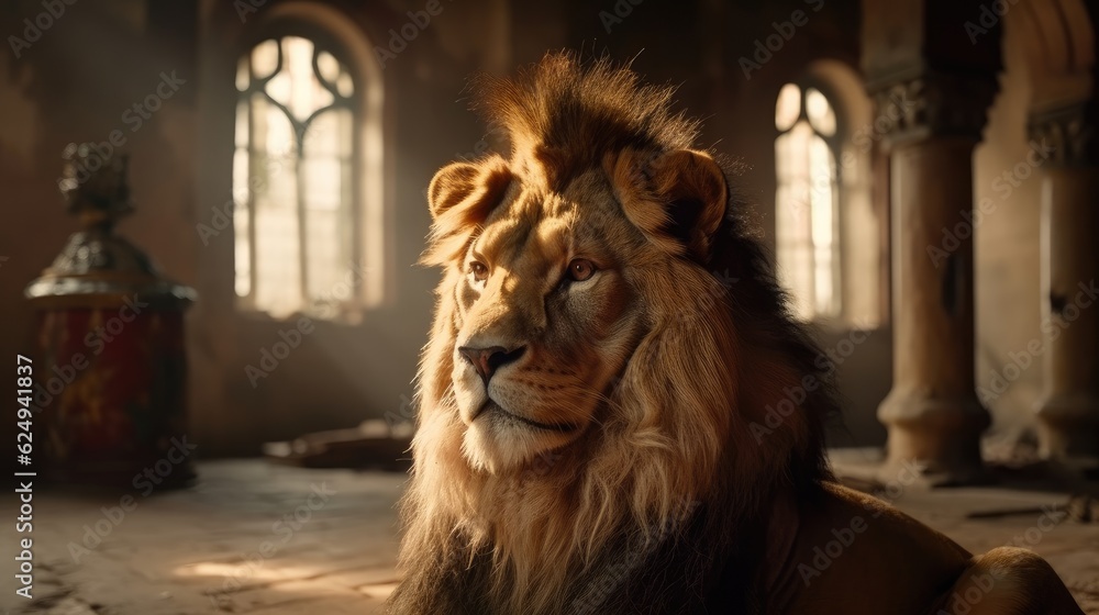 Wall mural imposing lion inside a temple. created with generative ai.