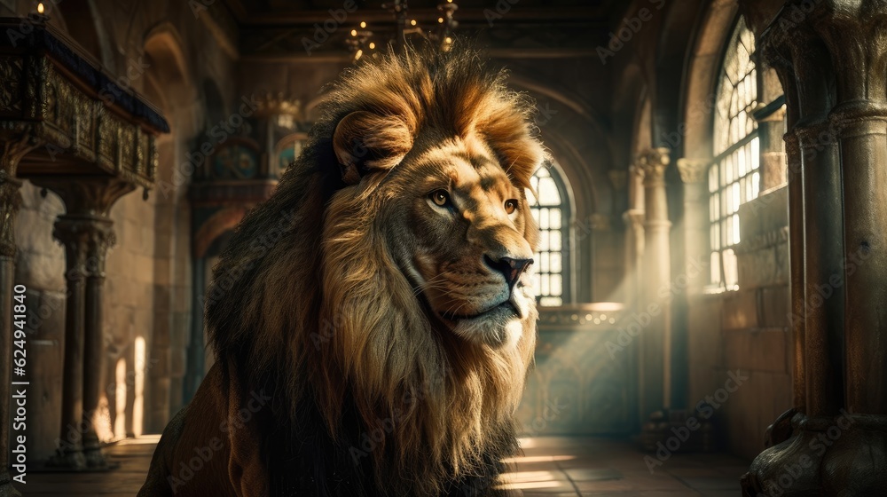 Wall mural imposing lion inside a temple. created with generative ai.