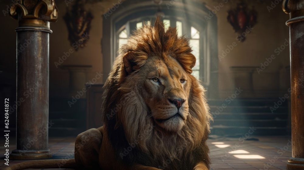 Wall mural imposing lion inside a temple. created with generative ai.