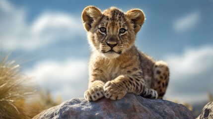 Fototapeta premium lion cub sitting on top of a rock in a field of grass. Created with generative AI. 
