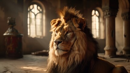 imposing lion inside a temple. Created with generative AI.