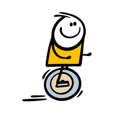 Young stickman guy rushes on a monowheel without a helmet and protection. Vector illustration of dangerous children fun. Wheel as a means of transportation. © Eka Panova