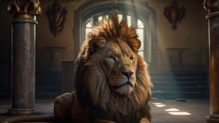 imposing lion inside a temple. Created with generative AI.