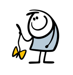 Cartoon stickman holds a rope with a bow in his hand, a toy for a pet cat. Vector illustration of a good-natured animal owner and accessories for the game.
