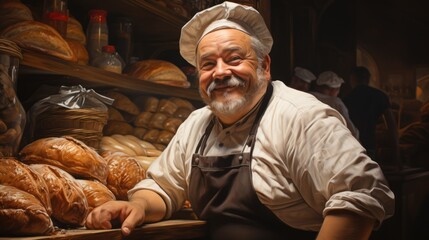 
The portrait of an elderly baker in his retro bakery, surrounded by delicious pastries and bread, reflecting his lifelong passion for baking. Generative Ai.