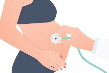 doctor hand with stethoscope examining pregnant woman; prenatal care; safety checks of the child in the womb- vector illustration - obrazy, fototapety, plakaty