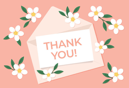 Envelope With Thank You Card And White Flowers- Vector Illustration