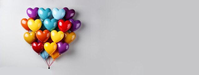 Lovely banner with grey background with bunch of heart shaped balloons. Place for text, empty space, copy paste. Card, party, design, flyer, poster, decor, banner, web, advertising. Generative AI
