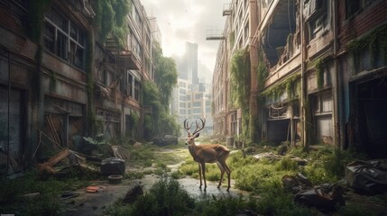 Abandoned post apocalyptic city surrounded by many plants. Created with Generative AI.