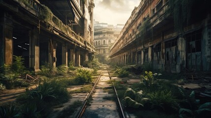 Abandoned post apocalyptic city surrounded by many plants. Created with Generative AI.