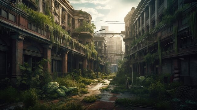 Abandoned post apocalyptic city surrounded by many plants. Created with Generative AI.