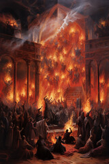 Illustration of a city burning in high flames depicting destruction of Sodom and Gomorrah from the Bible. Illustration created with Generative AI technology - obrazy, fototapety, plakaty