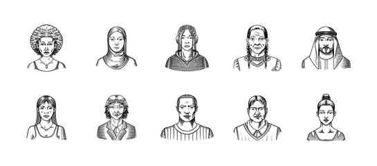 Human Avatars Collection. Diverse faces of people. Characters set. Happy emotions. Portrait for social media, website. Men and women, grandparents and girls. Hand drawn doodle sketch.