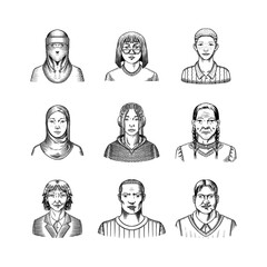 Human Avatars Collection. Diverse faces of people. Characters set. Happy emotions. Portrait for social media, website. Men and women, grandparents and girls. Hand drawn doodle sketch.