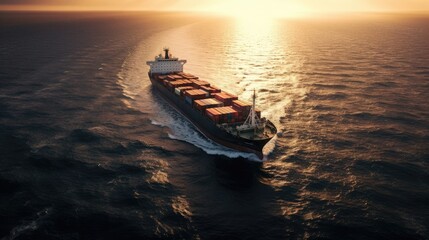Obraz premium Aerial view of cargo ship with container sailing in ocean. Created with Generative AI.