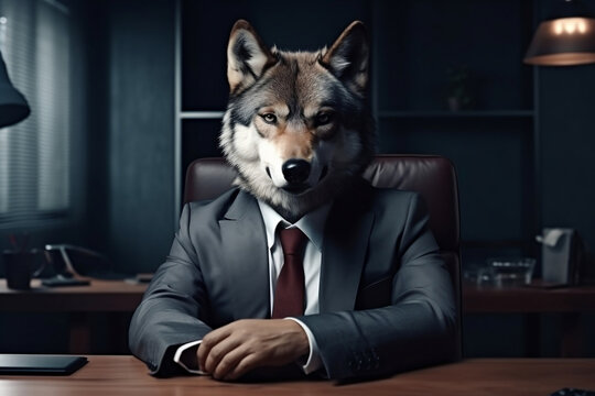 Executive Elegance: Captivating Portrait of a Wolf in Formal Business Attire, generative AI
