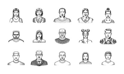 Human Avatars Collection. Diverse faces of people. Characters set. Happy emotions. Portrait for social media, website. Men and women, grandparents and girls. Hand drawn doodle sketch.