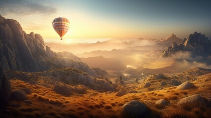 hot air balloon flying between the mountains in a sunrise. Created with Generative AI.