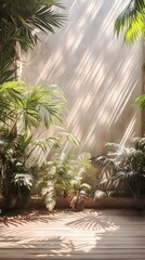 Fototapeta premium Bali style template green background, exotic tropical wall with green palm and banana leaves and atmospheric sunlight rays.