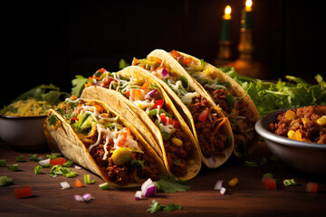 Mexican tacos with beef, vegetables and salsa. Tacos al pastor on wooden board on wooden...