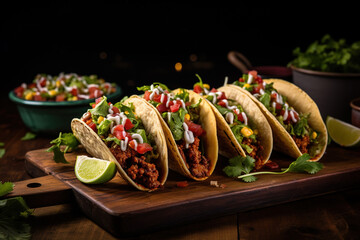 Mexican tacos with beef, vegetables and salsa. Tacos al pastor on wooden board on wooden background. Mexican food