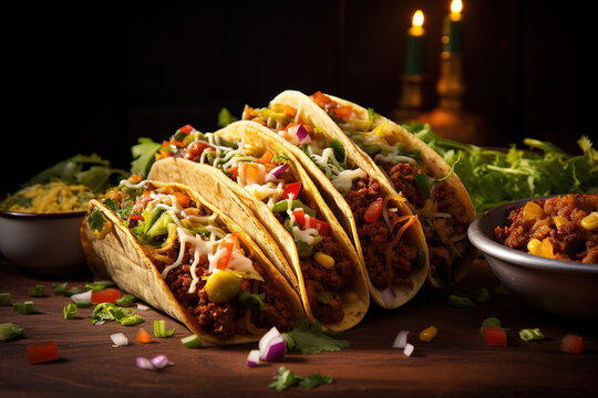 Mexican tacos with beef, vegetables and salsa. Tacos al pastor on wooden board on wooden background. Mexican food