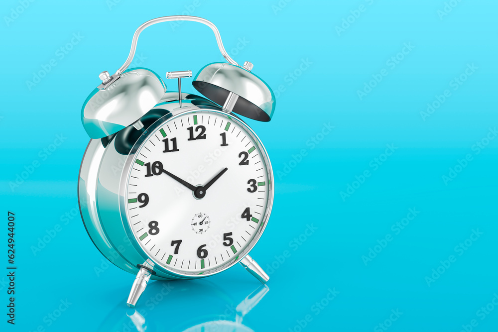 Poster alarm clock, 3d rendering on blue backdrop