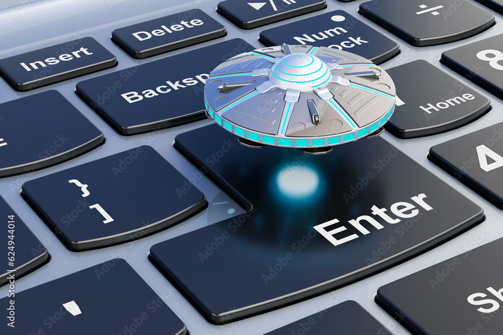 Poster ufo on laptop keyboard. 3d rendering