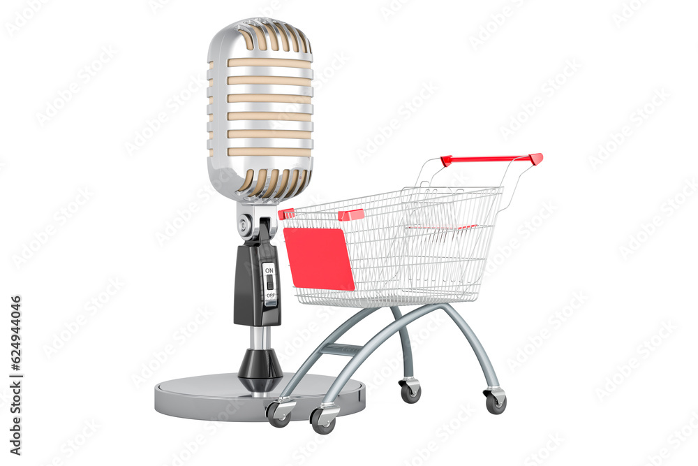 Poster shopping cart with retro microphone. 3d rendering