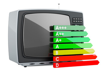 Retro TV set with energy efficiency chart. 3D rendering