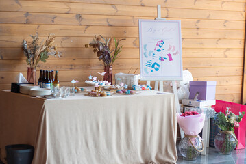 Gender party decorations background. Babyshower celebrations. Happy day for parents