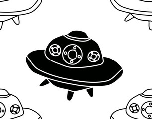 monochrome line art and silhouette illustration of unidentified flying objects in a seamless pattern
