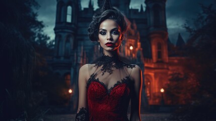 Fototapeta premium Fantasy Halloween woman portrait. Woman vampire. Created with Generative AI. 